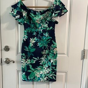 VENUS Navy Floral Off-Shoulder Mini Dress